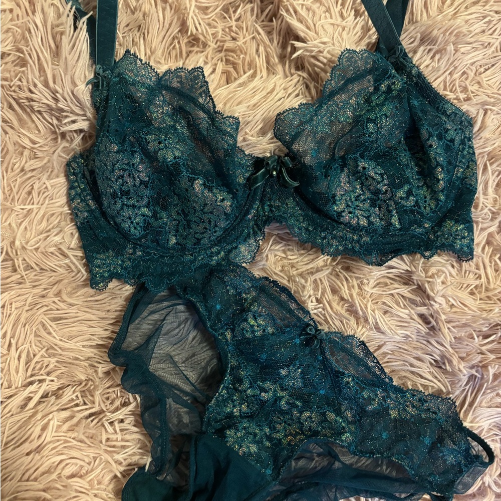 Dita Von Teese Teal Lace Underwire Bra and Underwear with Floral Detailing